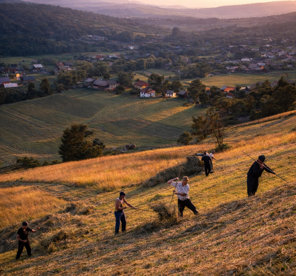 Farmers working together on a hillside during harvest